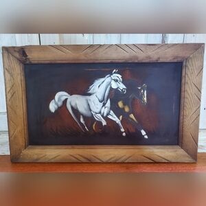 Vintage Horse 23"x14" Painting on Velvet & Wood Frame Made In Mexico. D-282
